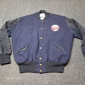 VTG Minnesota Twins Delong‎ Letterman Jacket Large Blue Sueded Leather and Wool
